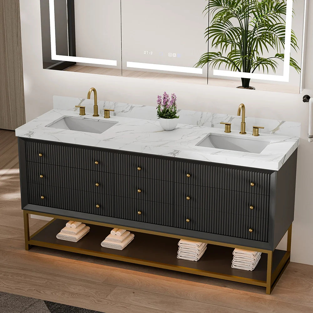 72-In Fluted Solid Wood Bathroom Vanity, PU Lacquer, Half-Frame Steel Base – Double Sink