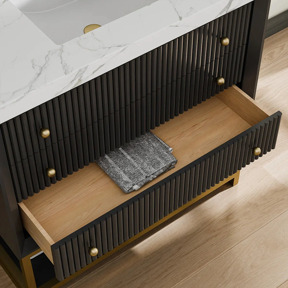 36-In Fluted Solid Wood Bathroom Vanity, PU Lacquer, Half-Frame Steel Base – Single Sink
