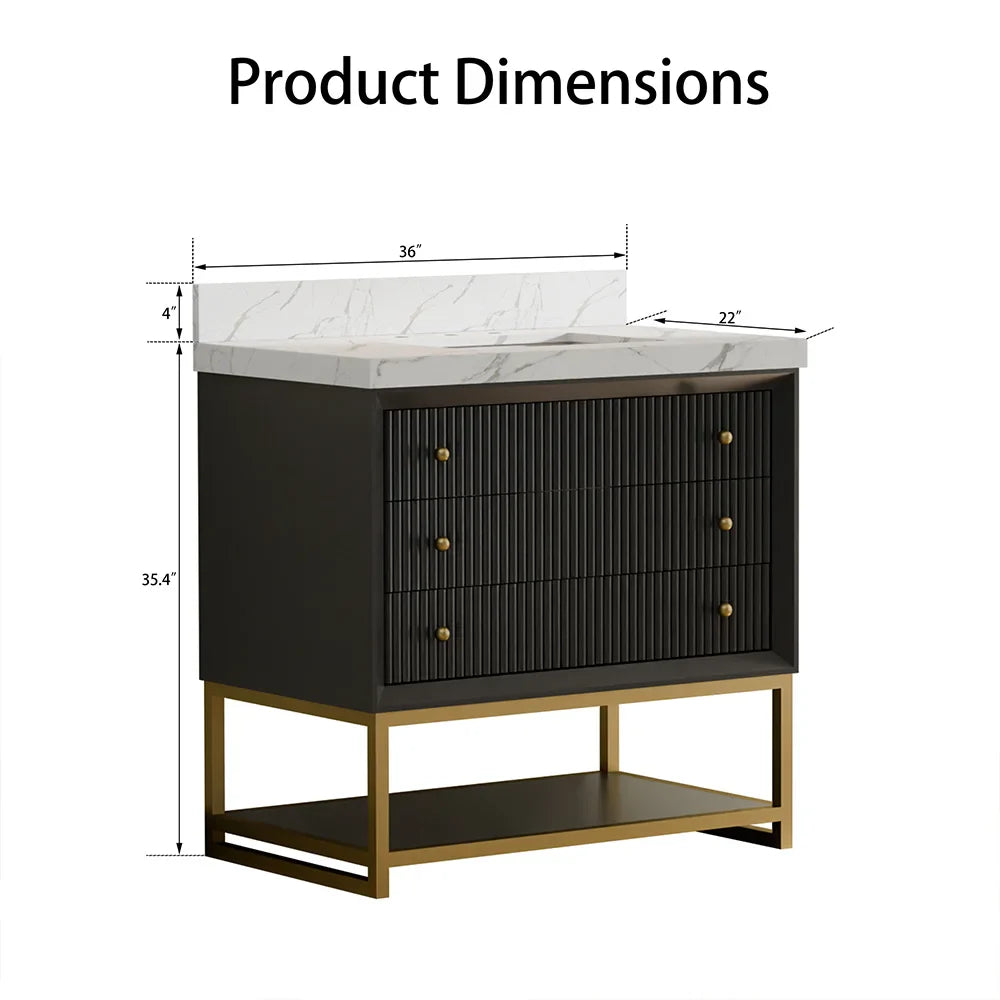 36-In Fluted Solid Wood Bathroom Vanity, PU Lacquer, Half-Frame Steel Base – Single Sink