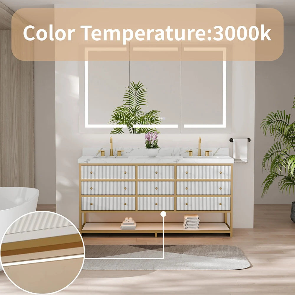 72-In Fluted Solid Wood Luxury Gold Bathroom Vanity, PU Lacquer – Double Sink