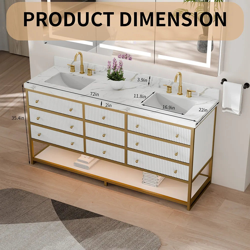 72-In Fluted Solid Wood Luxury Gold Bathroom Vanity, PU Lacquer – Double Sink