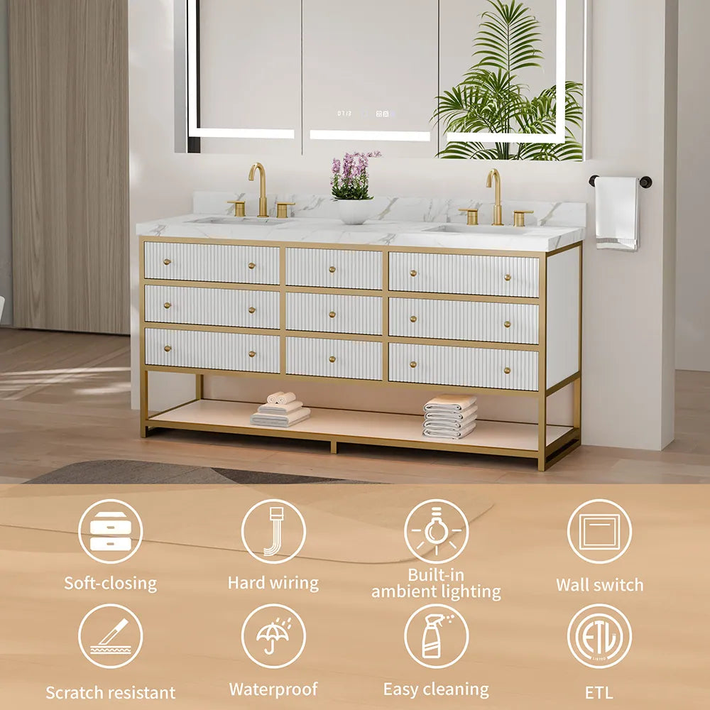 72-In Fluted Solid Wood Luxury Gold Bathroom Vanity, PU Lacquer – Double Sink