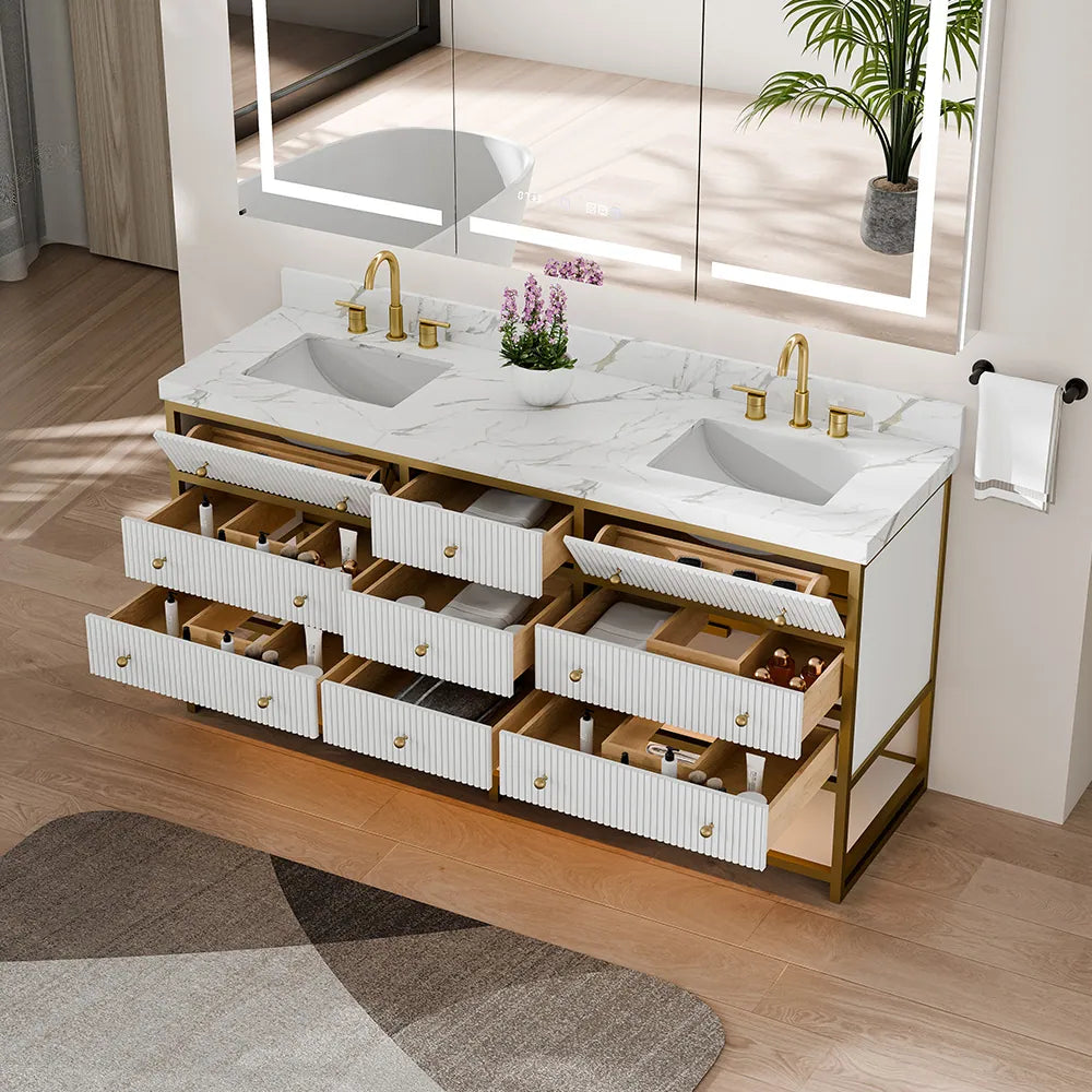 72-In Fluted Solid Wood Luxury Gold Bathroom Vanity, PU Lacquer – Double Sink