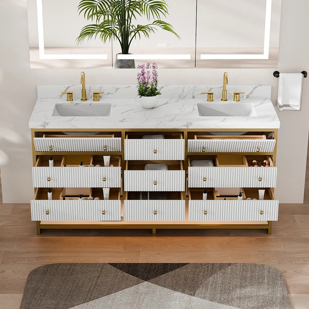72-In Fluted Solid Wood Luxury Gold Bathroom Vanity, PU Lacquer – Double Sink