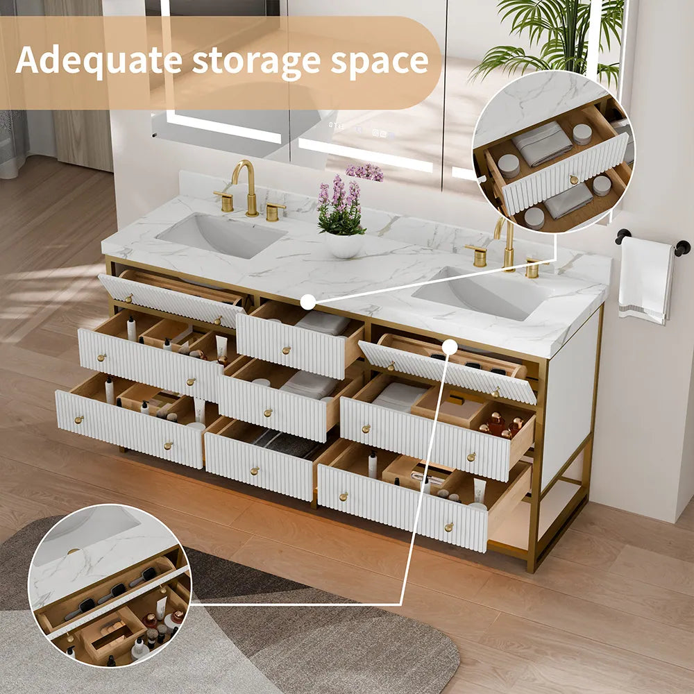 72-In Fluted Solid Wood Luxury Gold Bathroom Vanity, PU Lacquer – Double Sink