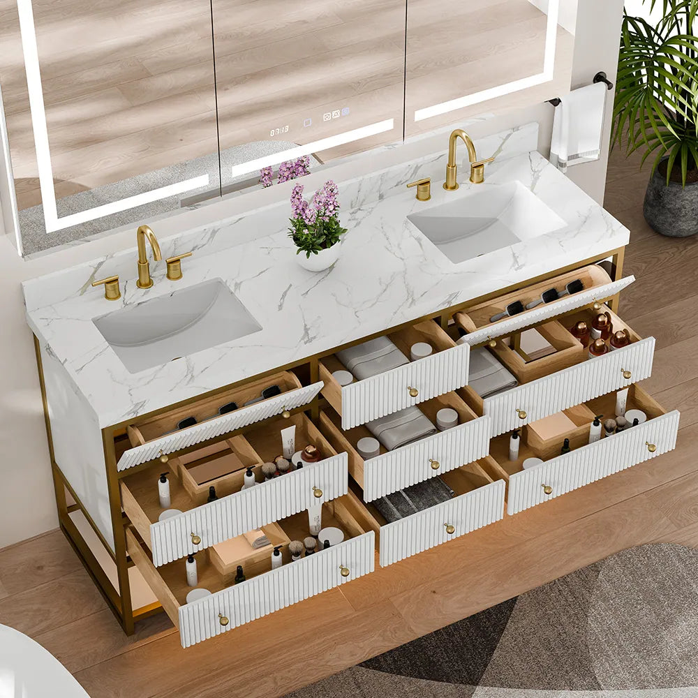72-In Fluted Solid Wood Luxury Gold Bathroom Vanity, PU Lacquer – Double Sink