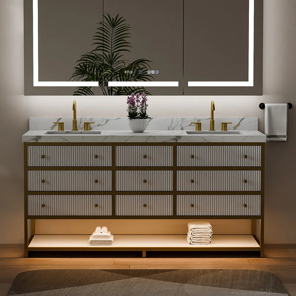 72-In Fluted Solid Wood Luxury Gold Bathroom Vanity, PU Lacquer – Double Sink