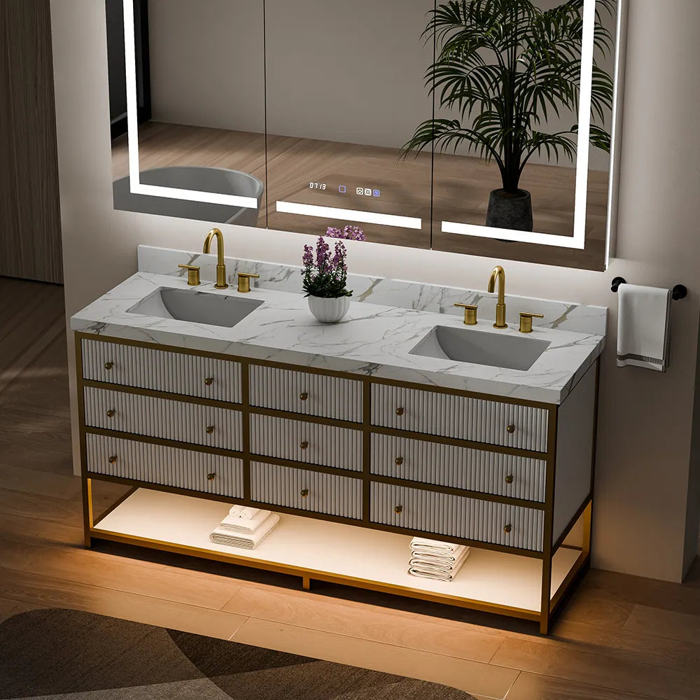 72-In Fluted Solid Wood Luxury Gold Bathroom Vanity, PU Lacquer – Double Sink