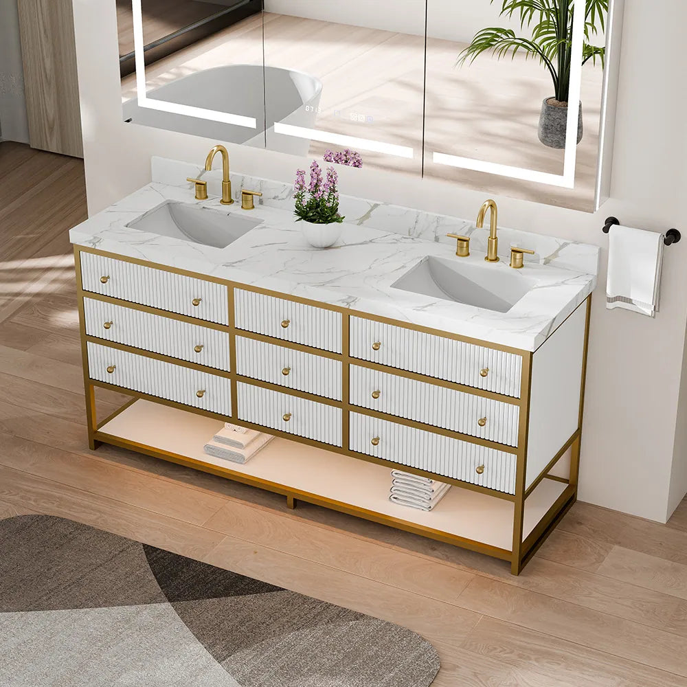 72-In Fluted Solid Wood Luxury Gold Bathroom Vanity, PU Lacquer – Double Sink