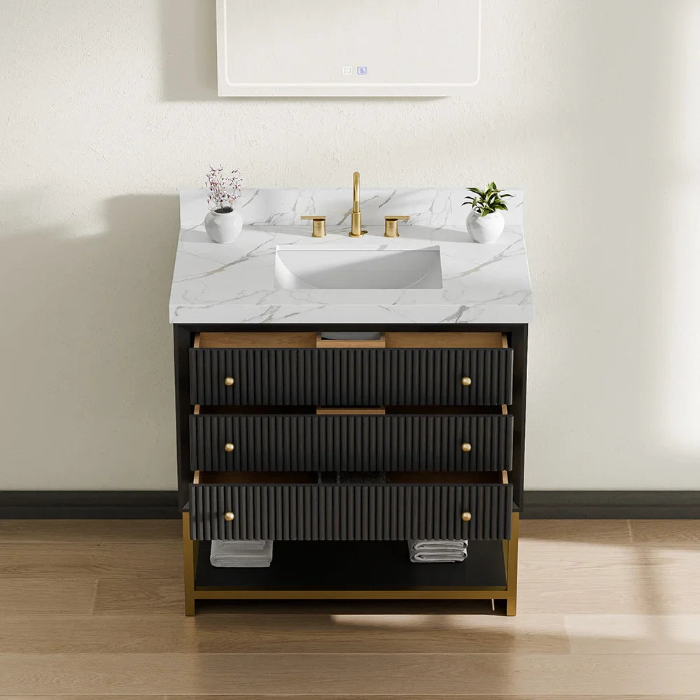 36-In Fluted Solid Wood Bathroom Vanity, PU Lacquer, Half-Frame Steel Base – Single Sink