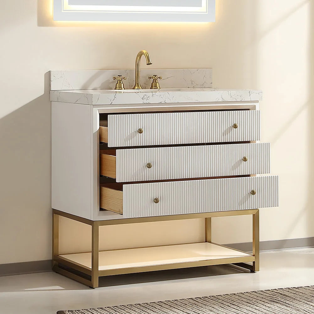 36-In Fluted Solid Wood Bathroom Vanity, PU Lacquer, Half-Frame Steel Base – Single Sink