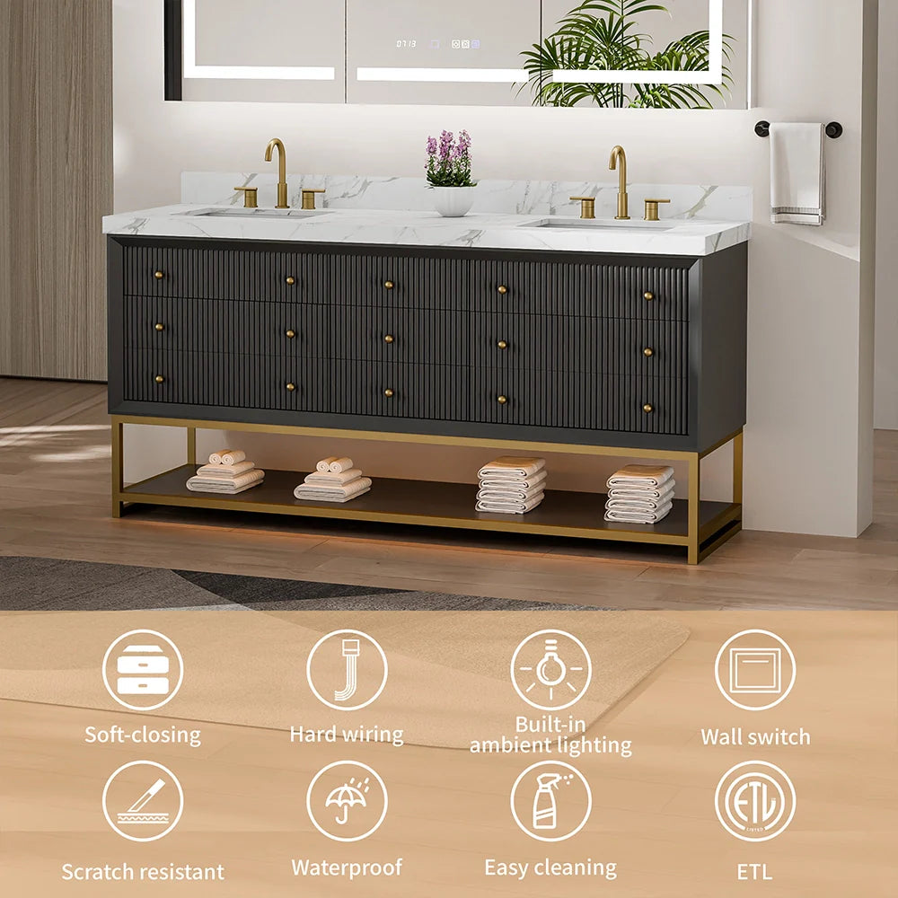 72-In Fluted Solid Wood Bathroom Vanity, PU Lacquer, Half-Frame Steel Base – Double Sink