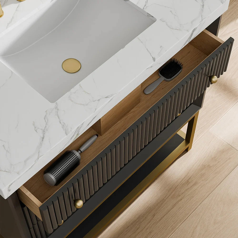 36-In Fluted Solid Wood Bathroom Vanity, PU Lacquer, Half-Frame Steel Base – Single Sink