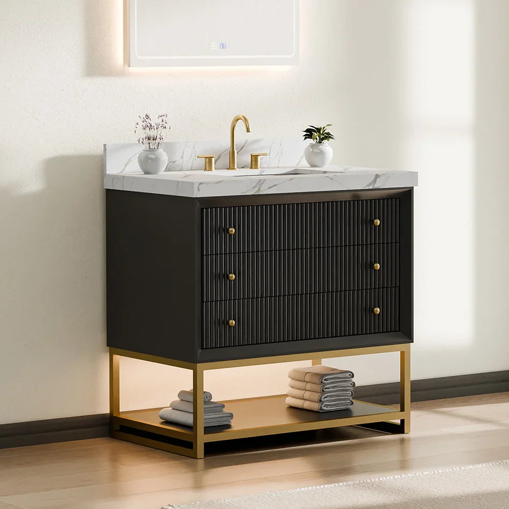 36-In Fluted Solid Wood Bathroom Vanity, PU Lacquer, Half-Frame Steel Base – Single Sink