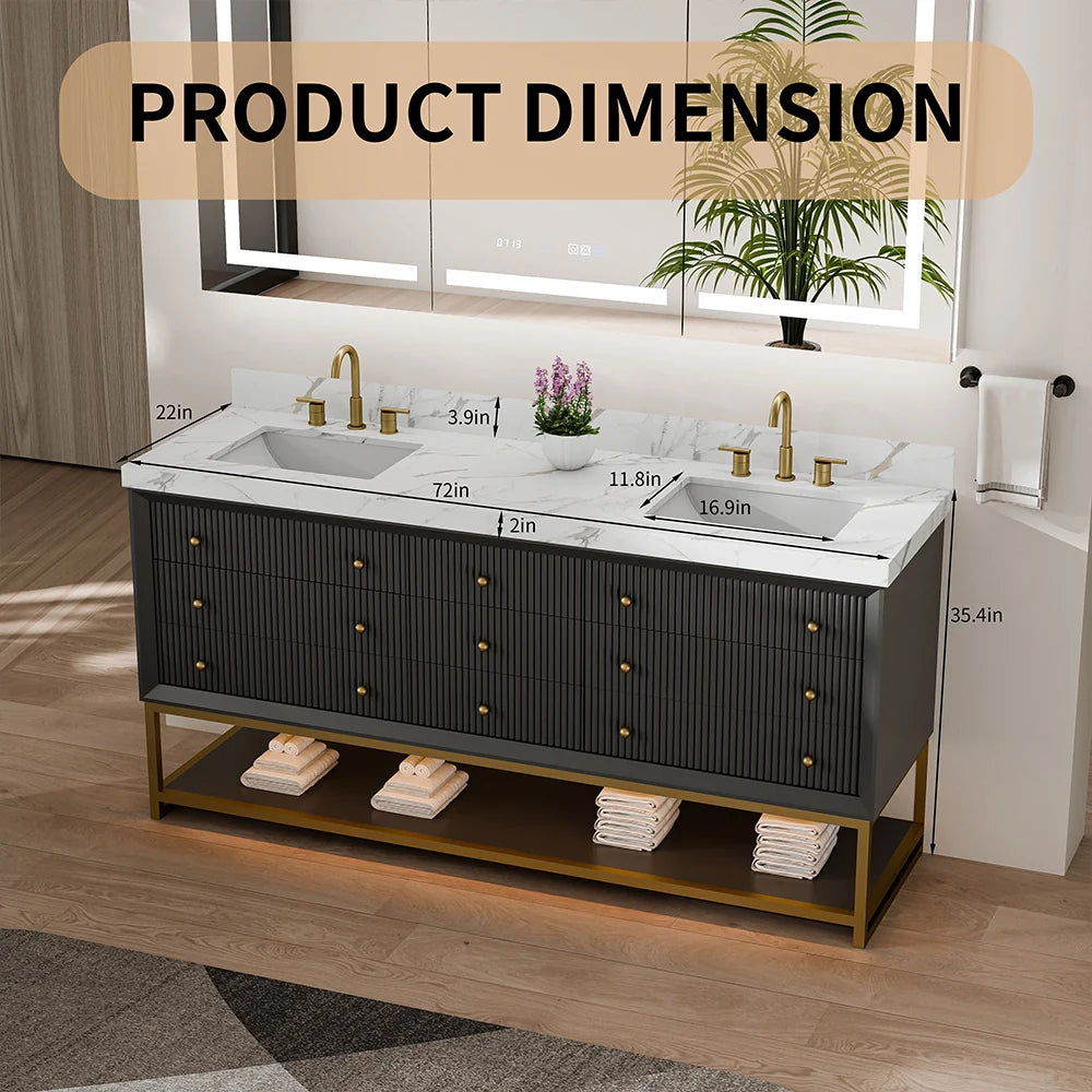 72-In Fluted Solid Wood Bathroom Vanity, PU Lacquer, Half-Frame Steel Base – Double Sink