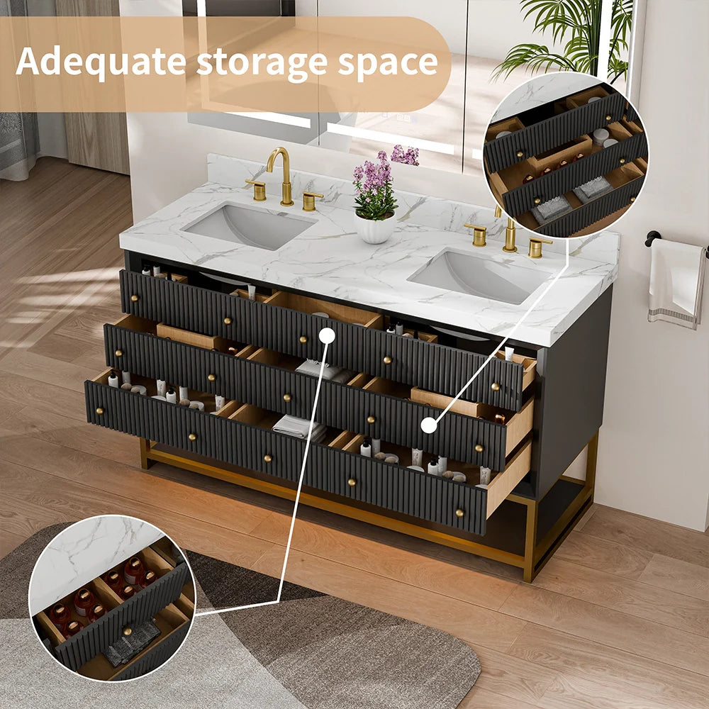 72-In Fluted Solid Wood Bathroom Vanity, PU Lacquer, Half-Frame Steel Base – Double Sink