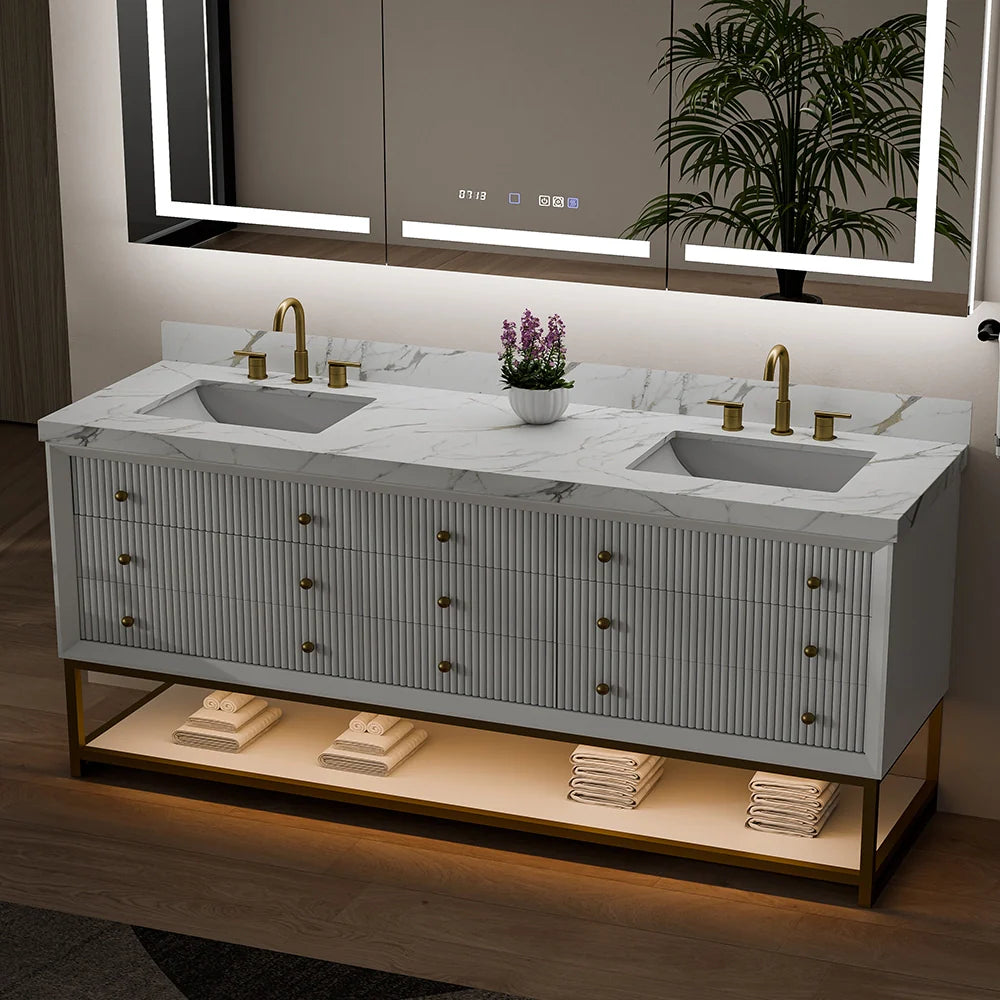 72-In Fluted Solid Wood Bathroom Vanity, PU Lacquer, Half-Frame Steel Base – Double Sink