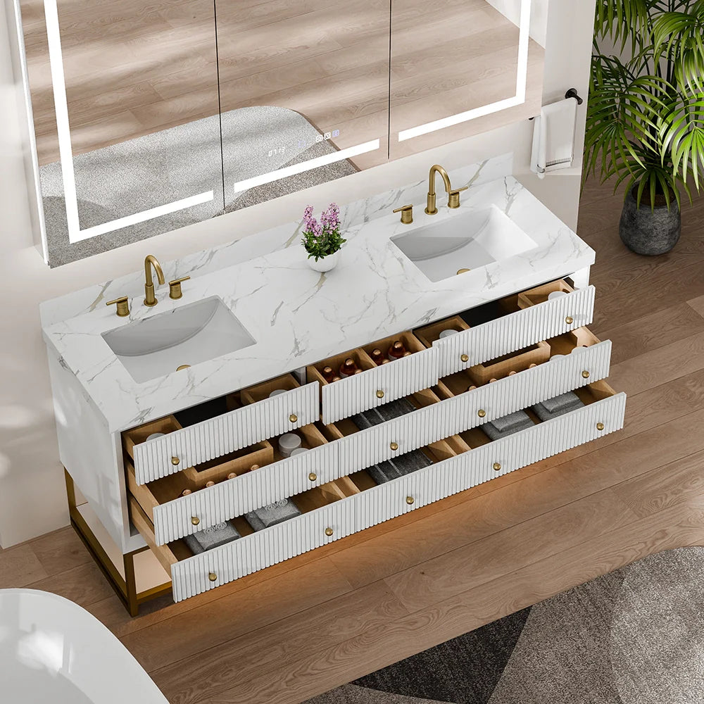 72-In Fluted Solid Wood Bathroom Vanity, PU Lacquer, Half-Frame Steel Base – Double Sink