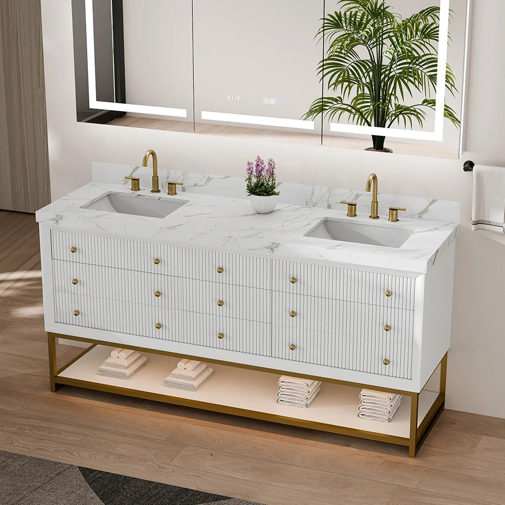 72-In Fluted Solid Wood Bathroom Vanity, PU Lacquer, Half-Frame Steel Base – Double Sink