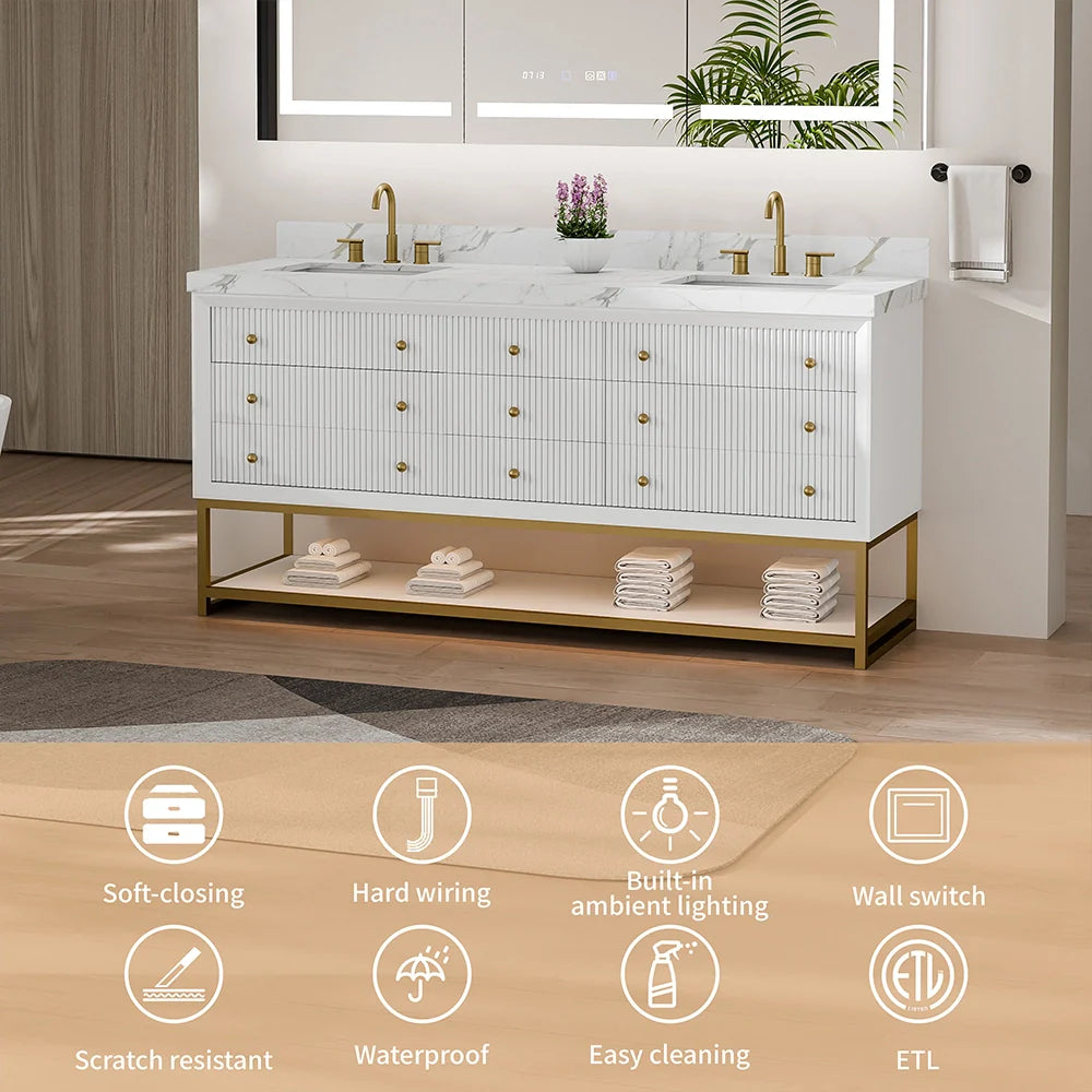 72-In Fluted Solid Wood Bathroom Vanity, PU Lacquer, Half-Frame Steel Base – Double Sink