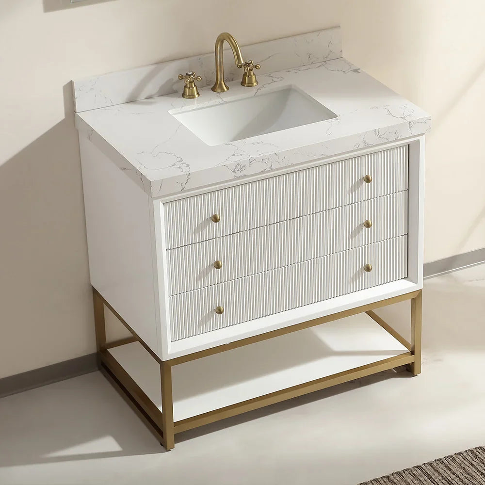36-In Fluted Solid Wood Bathroom Vanity, PU Lacquer, Half-Frame Steel Base – Single Sink
