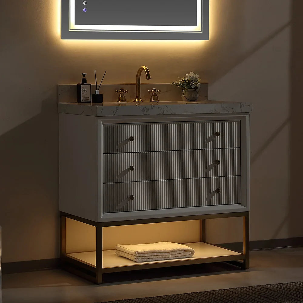 36-In Fluted Solid Wood Bathroom Vanity, PU Lacquer, Half-Frame Steel Base – Single Sink