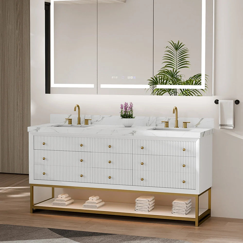 72-In Fluted Solid Wood Bathroom Vanity, PU Lacquer, Half-Frame Steel Base – Double Sink