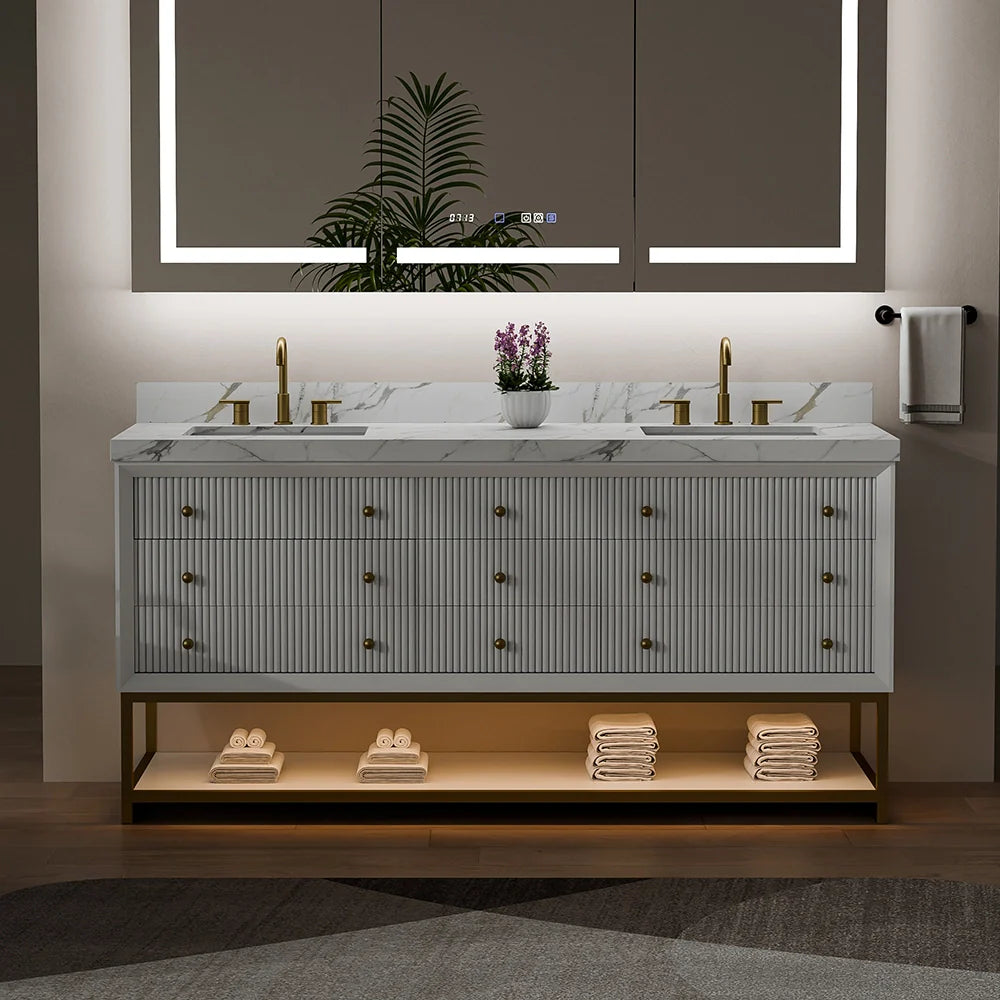72-In Fluted Solid Wood Bathroom Vanity, PU Lacquer, Half-Frame Steel Base – Double Sink