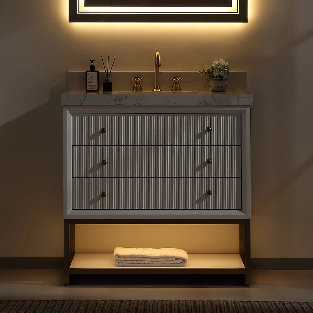 36-In Fluted Solid Wood Bathroom Vanity, PU Lacquer, Half-Frame Steel Base – Single Sink