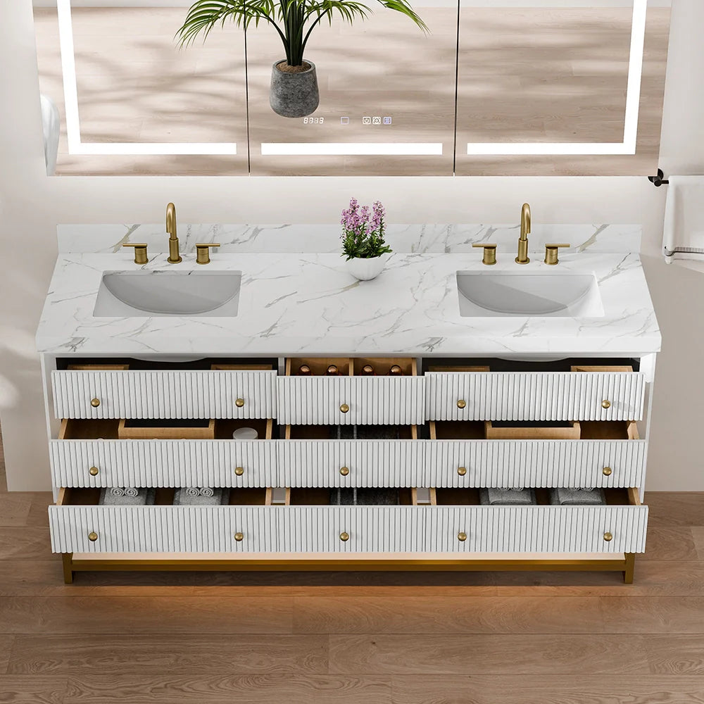 72-In Fluted Solid Wood Bathroom Vanity, PU Lacquer, Half-Frame Steel Base – Double Sink