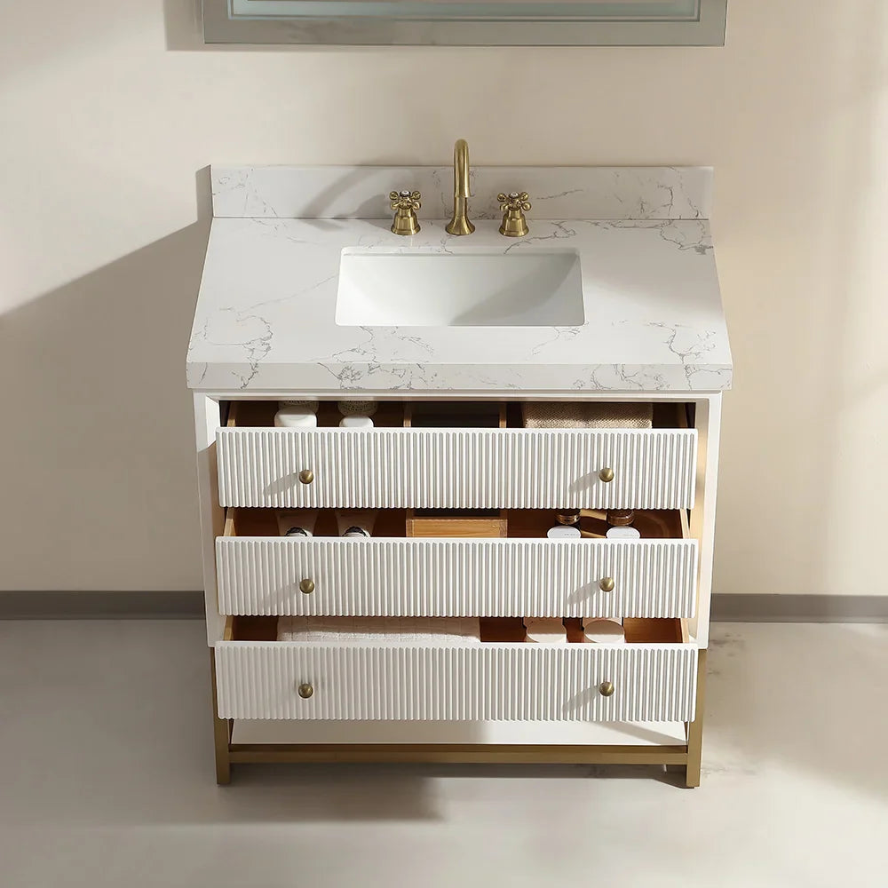 36-In Fluted Solid Wood Bathroom Vanity, PU Lacquer, Half-Frame Steel Base – Single Sink