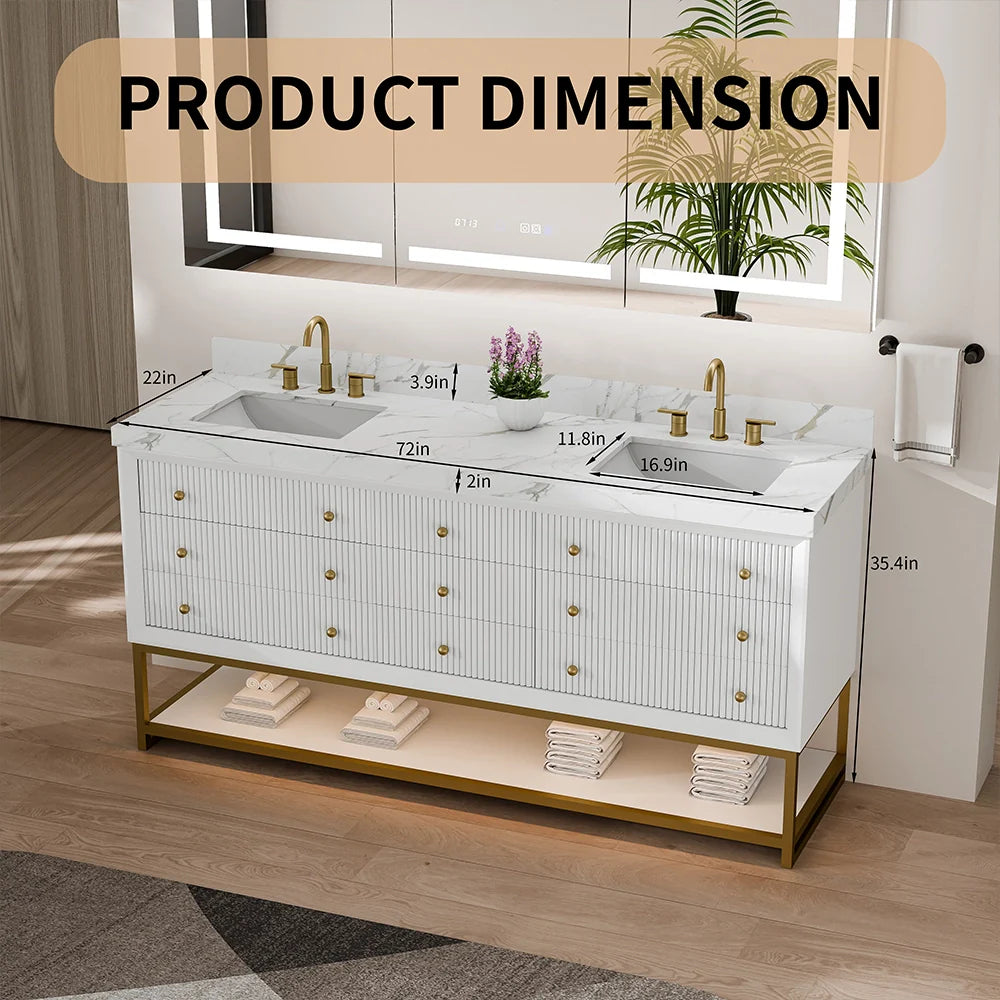 72-In Fluted Solid Wood Bathroom Vanity, PU Lacquer, Half-Frame Steel Base – Double Sink
