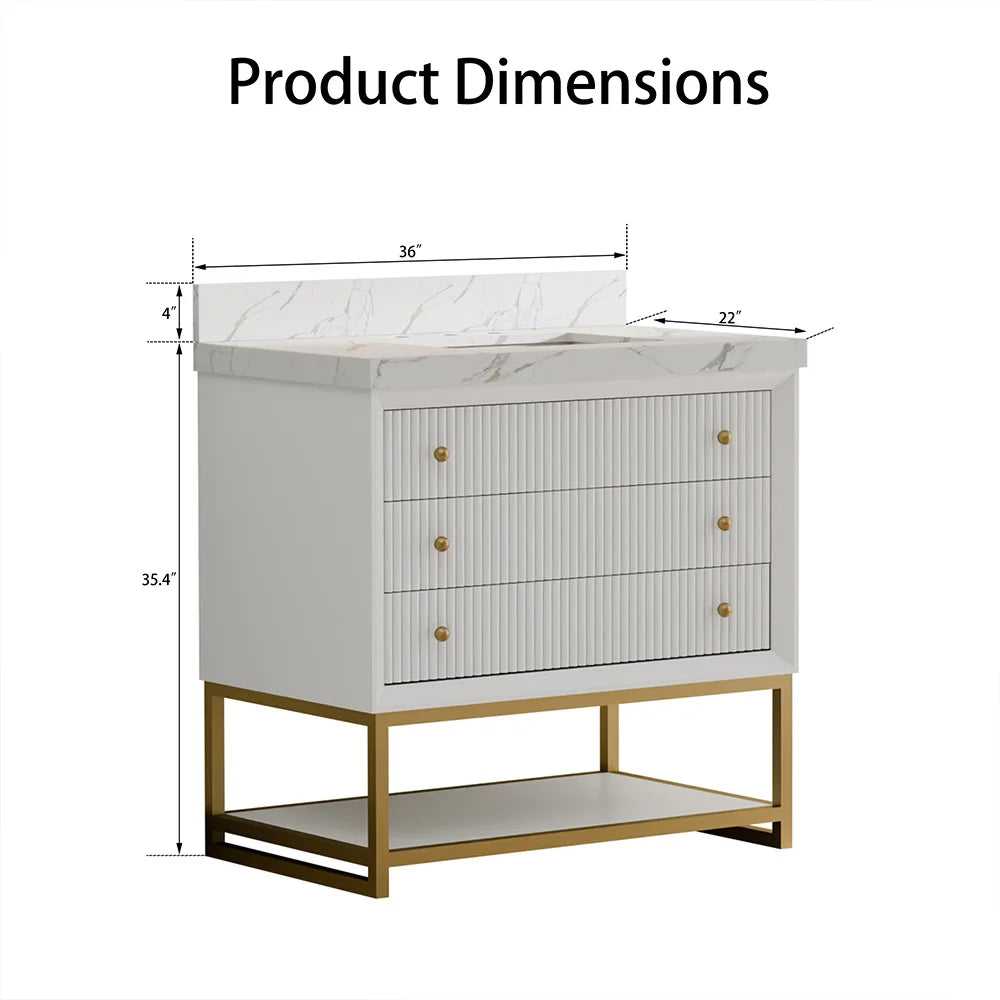 36-In Fluted Solid Wood Bathroom Vanity, PU Lacquer, Half-Frame Steel Base – Single Sink