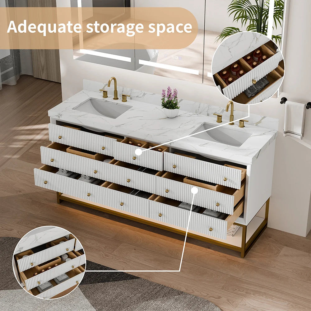 72-In Fluted Solid Wood Bathroom Vanity, PU Lacquer, Half-Frame Steel Base – Double Sink