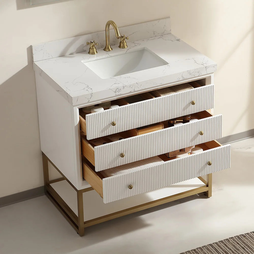 36-In Fluted Solid Wood Bathroom Vanity, PU Lacquer, Half-Frame Steel Base – Single Sink