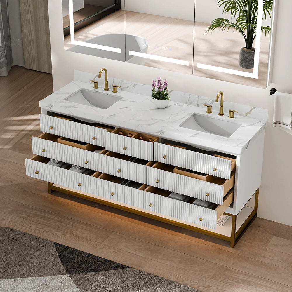 72-In Fluted Solid Wood Bathroom Vanity, PU Lacquer, Half-Frame Steel Base – Double Sink
