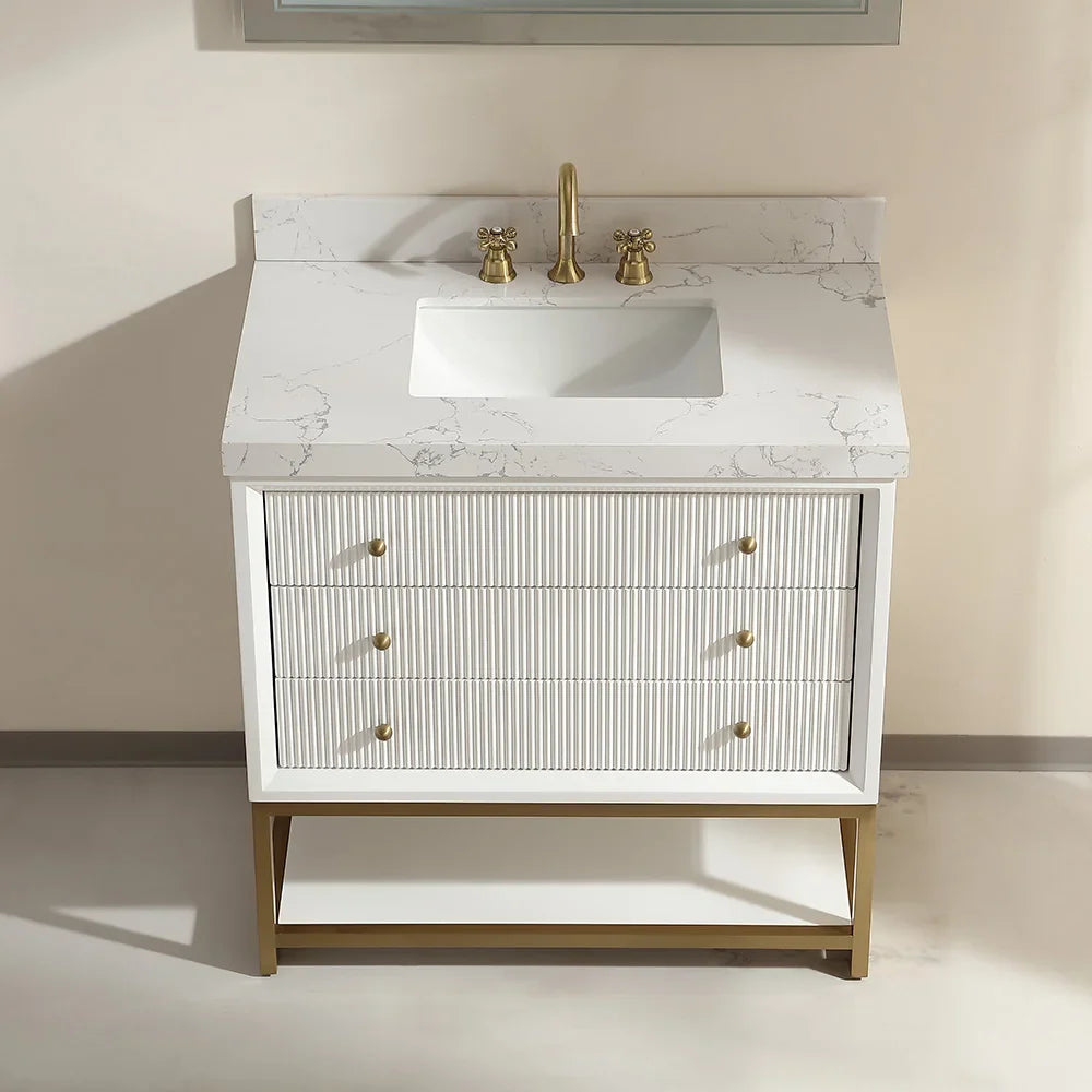 36-In Fluted Solid Wood Bathroom Vanity, PU Lacquer, Half-Frame Steel Base – Single Sink