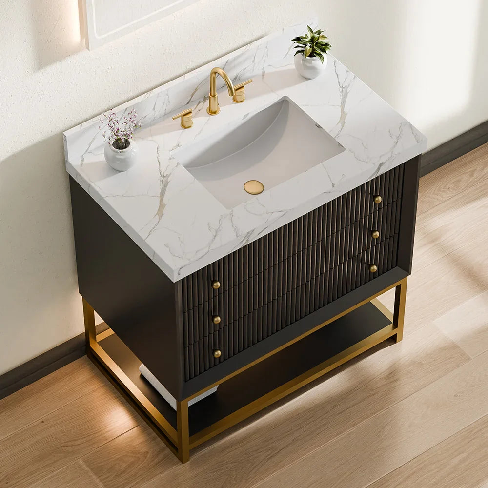 36-In Fluted Solid Wood Bathroom Vanity, PU Lacquer, Half-Frame Steel Base – Single Sink
