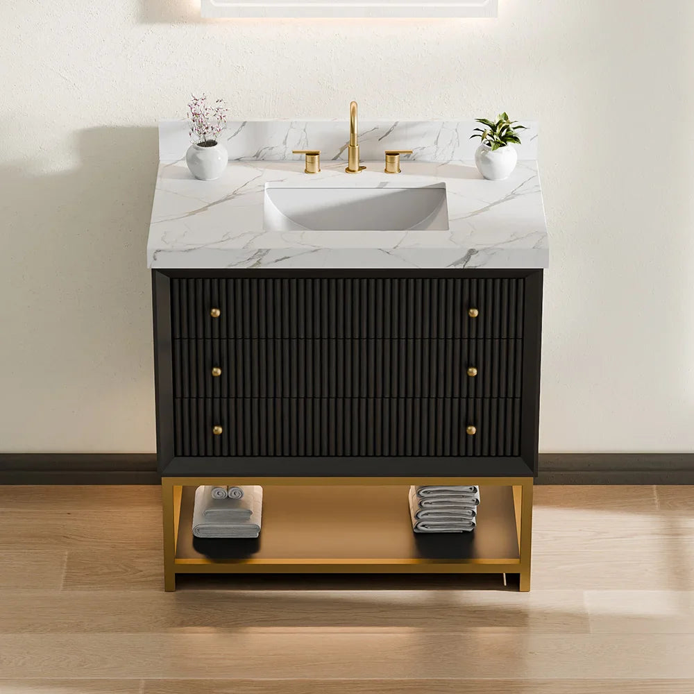 36-In Fluted Solid Wood Bathroom Vanity, PU Lacquer, Half-Frame Steel Base – Single Sink