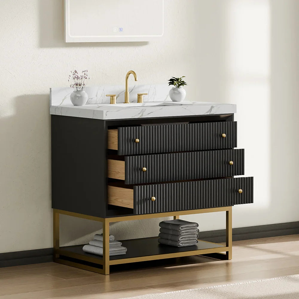 36-In Fluted Solid Wood Bathroom Vanity, PU Lacquer, Half-Frame Steel Base – Single Sink