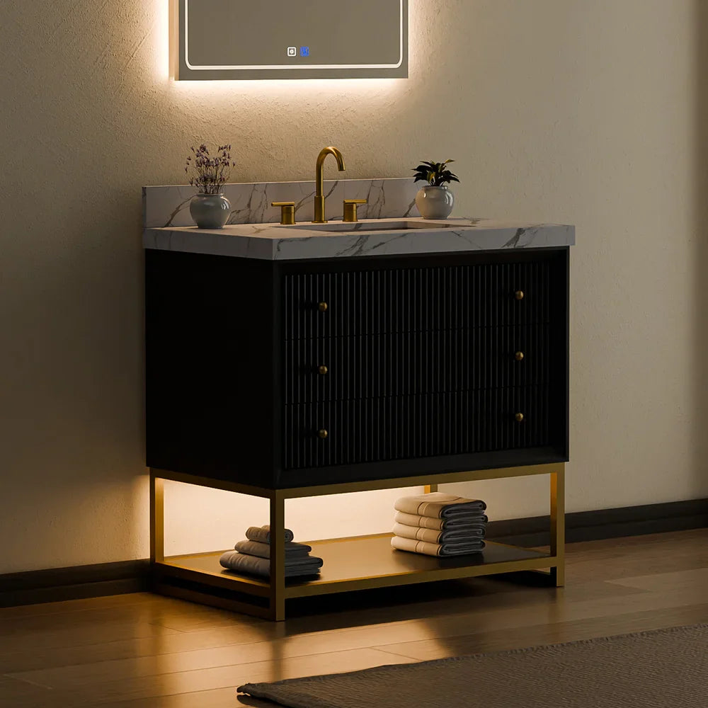 36-In Fluted Solid Wood Bathroom Vanity, PU Lacquer, Half-Frame Steel Base – Single Sink
