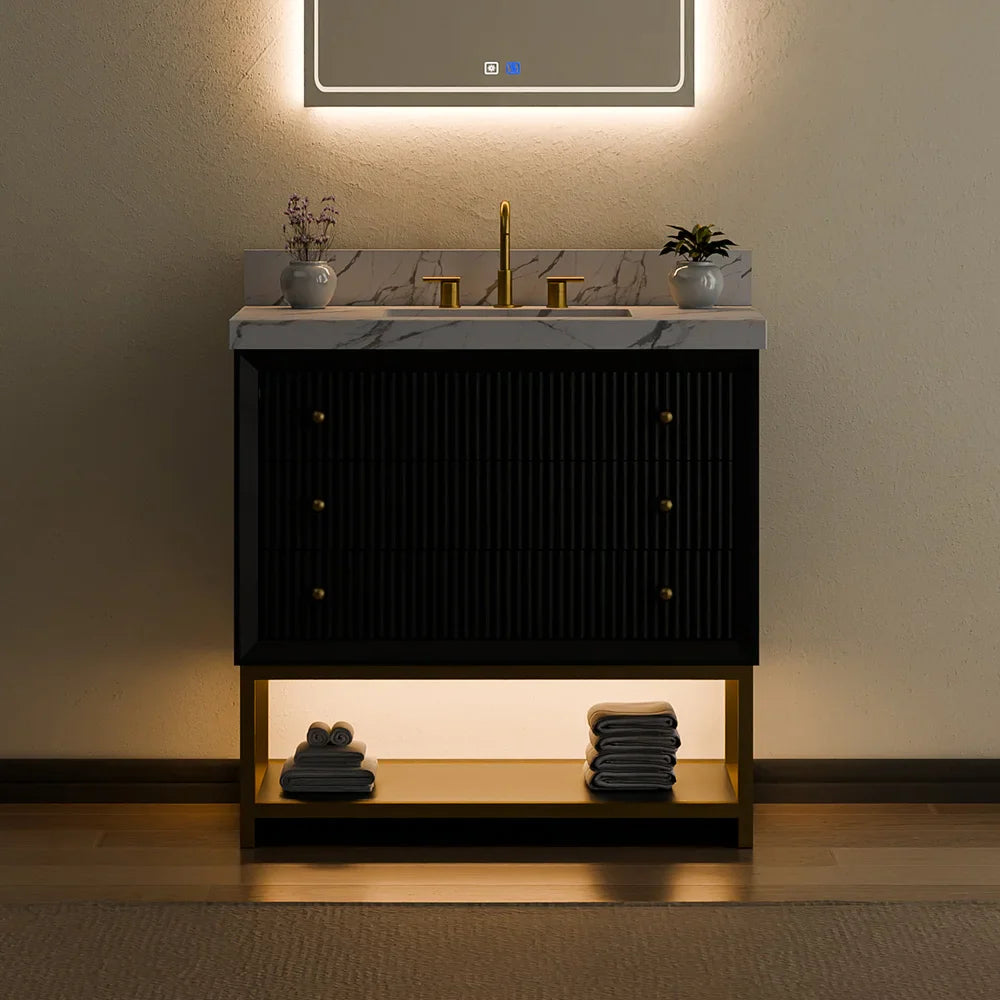 36-In Fluted Solid Wood Bathroom Vanity, PU Lacquer, Half-Frame Steel Base – Single Sink