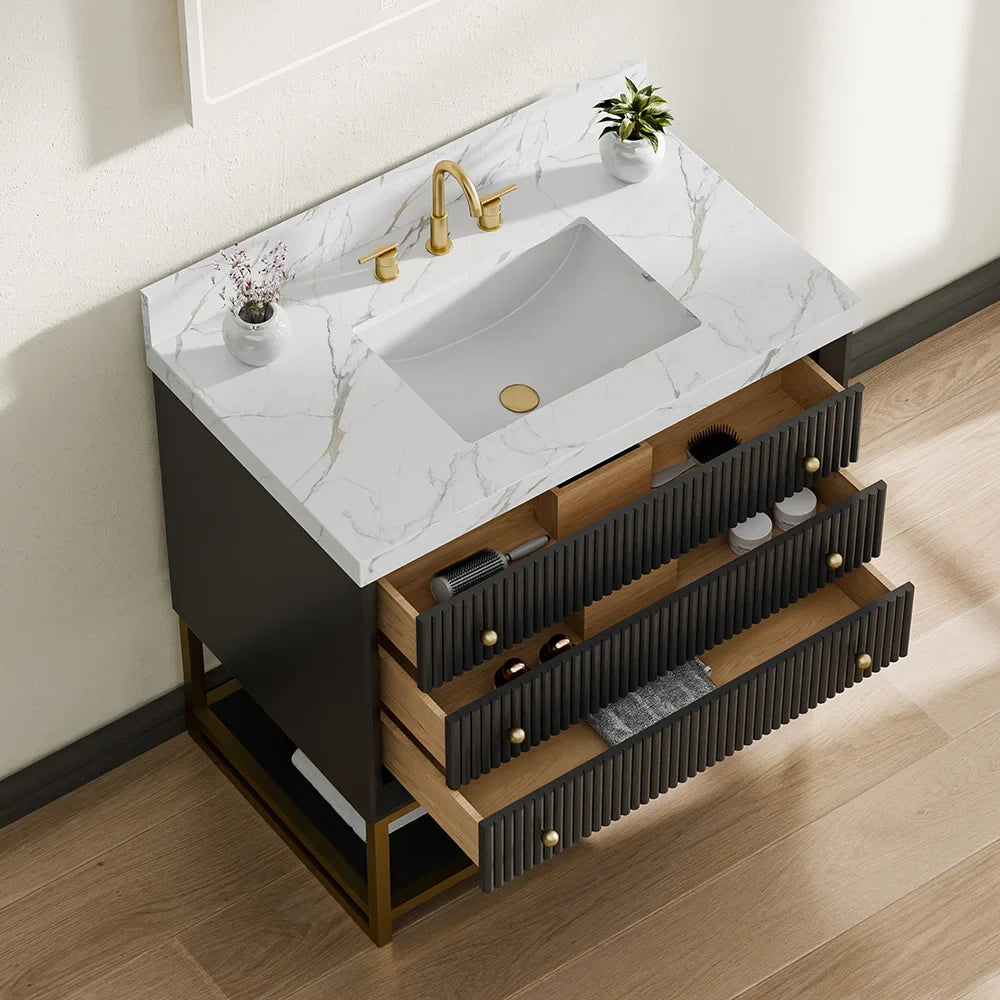 36-In Fluted Solid Wood Bathroom Vanity, PU Lacquer, Half-Frame Steel Base – Single Sink