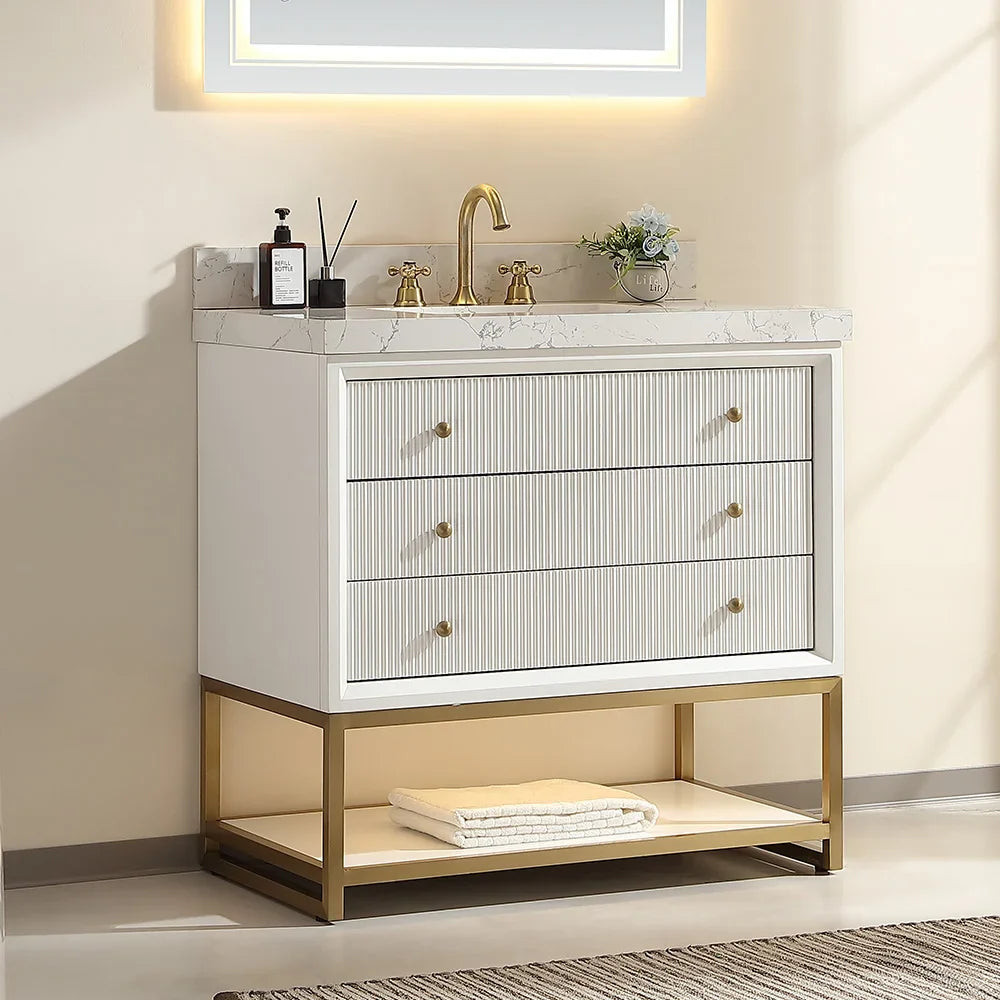 36-In Fluted Solid Wood Bathroom Vanity, PU Lacquer, Half-Frame Steel Base – Single Sink