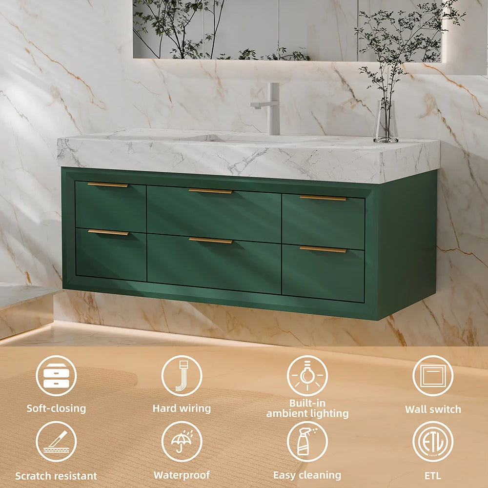 48 Inch Modern Wall Mounted Bathroom Vanity with Marble Countertop