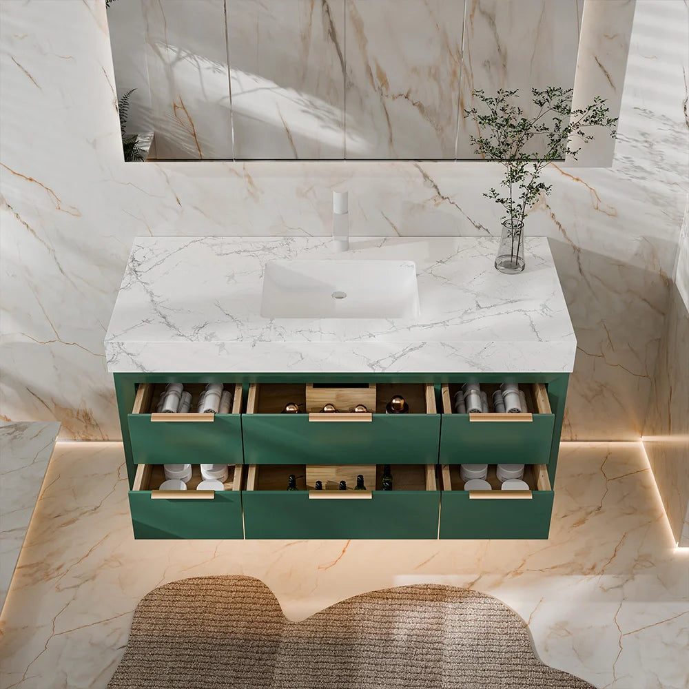 48 Inch Modern Wall Mounted Bathroom Vanity with Marble Countertop