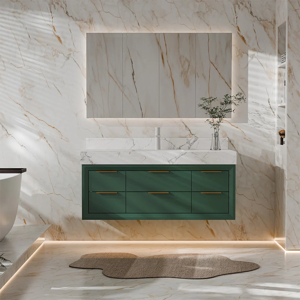 48 Inch Modern Wall Mounted Bathroom Vanity with Marble Countertop