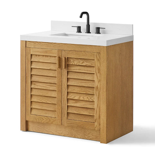36 Inch Single Sink Bathroom Vanity with White Wide Louvered Doors & Quartz Top