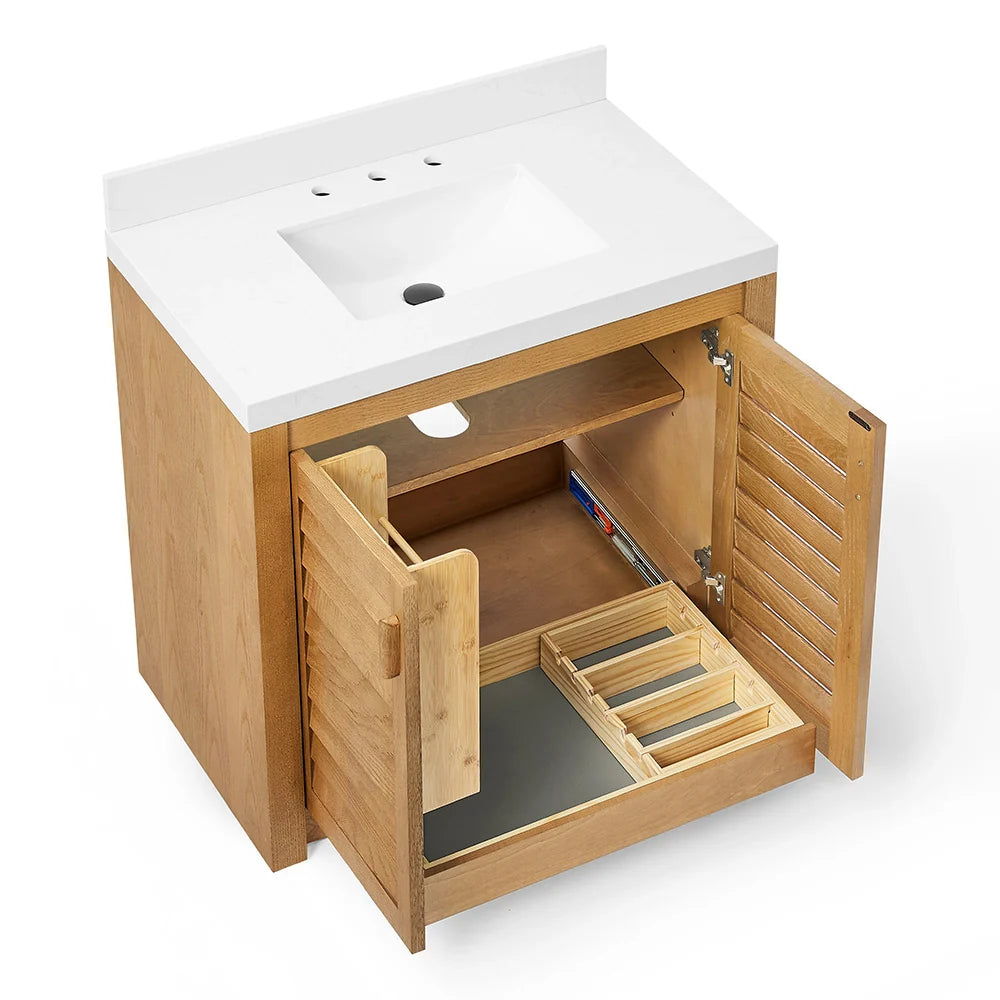 36 Inch Single Sink Bathroom Vanity with White Wide Louvered Doors & Quartz Top