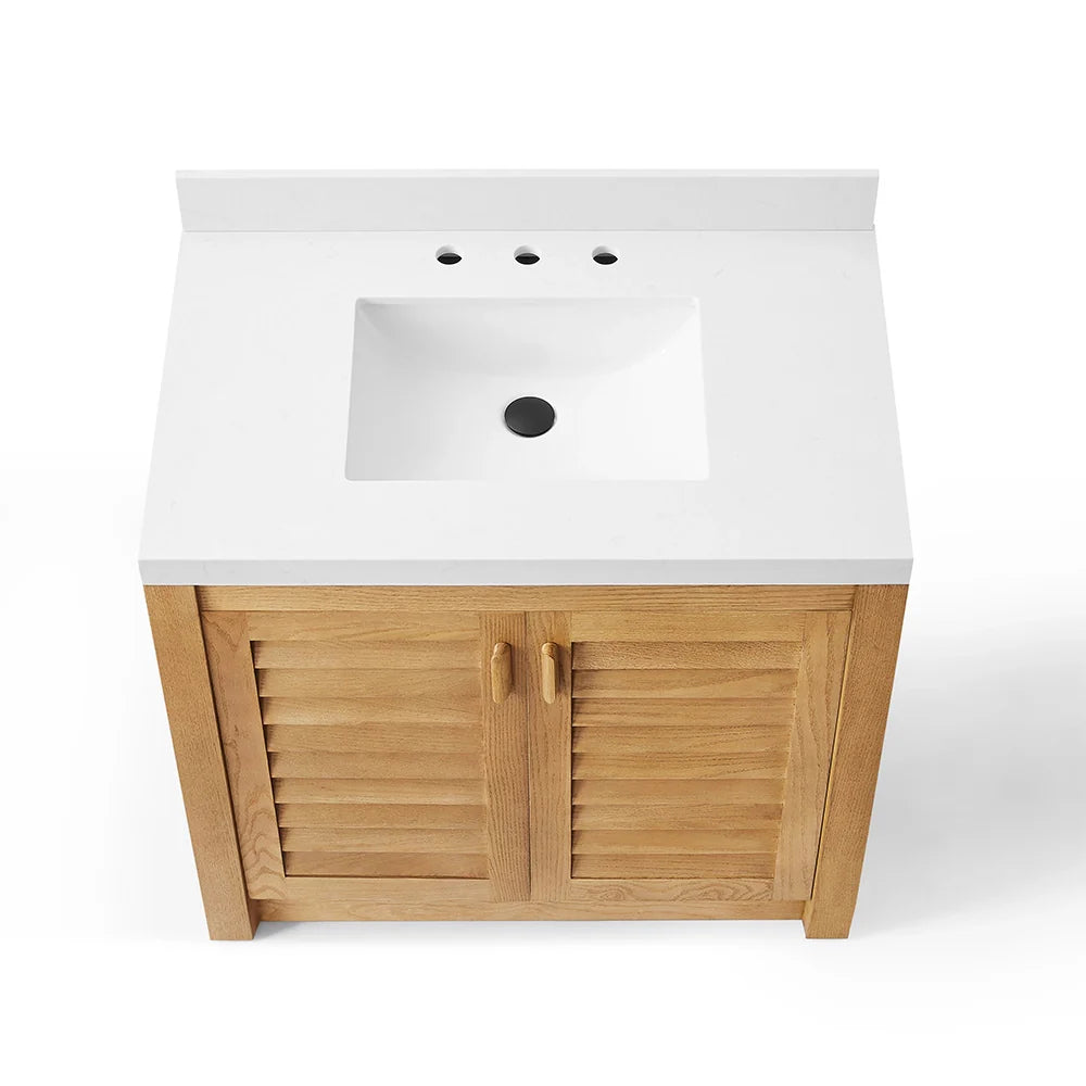 36 Inch Single Sink Bathroom Vanity with White Wide Louvered Doors & Quartz Top
